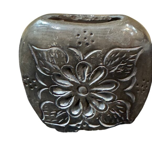 Black Clay Pottery Vase With Floral Design - Picture 1 of 6